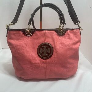 WOMENS TOTE SATCHEL HANDBAG coral FAUX LEATHER DOUBLE STRAPS. Pre-owned. Flaws